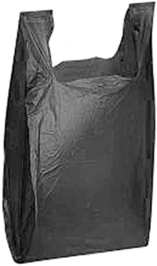 Charm Your Prince 100 Black Disposable Plastic T-Shirt Shopping Gift Bags with Handles - Small - 8" x 5" x 16"