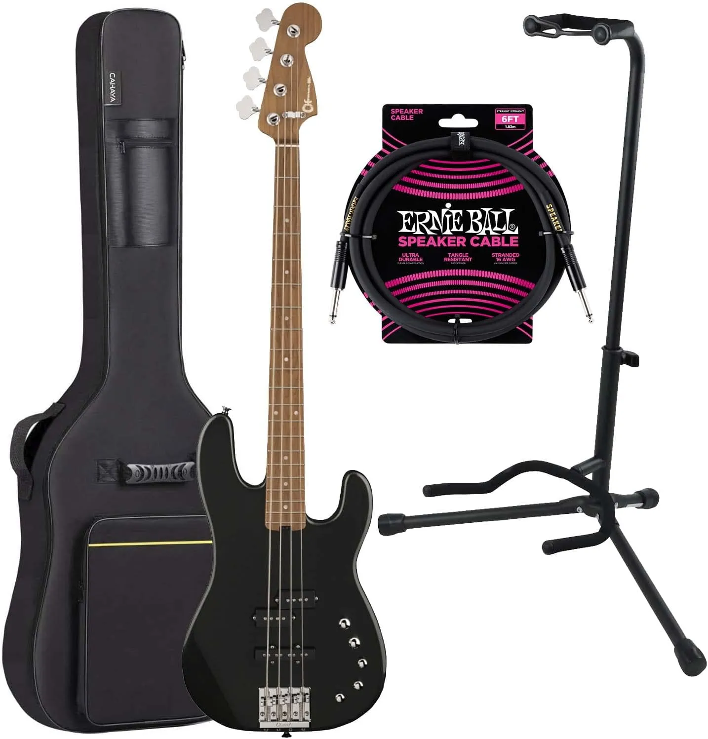 Charvel Pro-Mod San Dimas Bass PJ IV – Metallic Black, Gator Stand, CAHAYA Electric Bass Bag, ErnieBall Cable Bundle