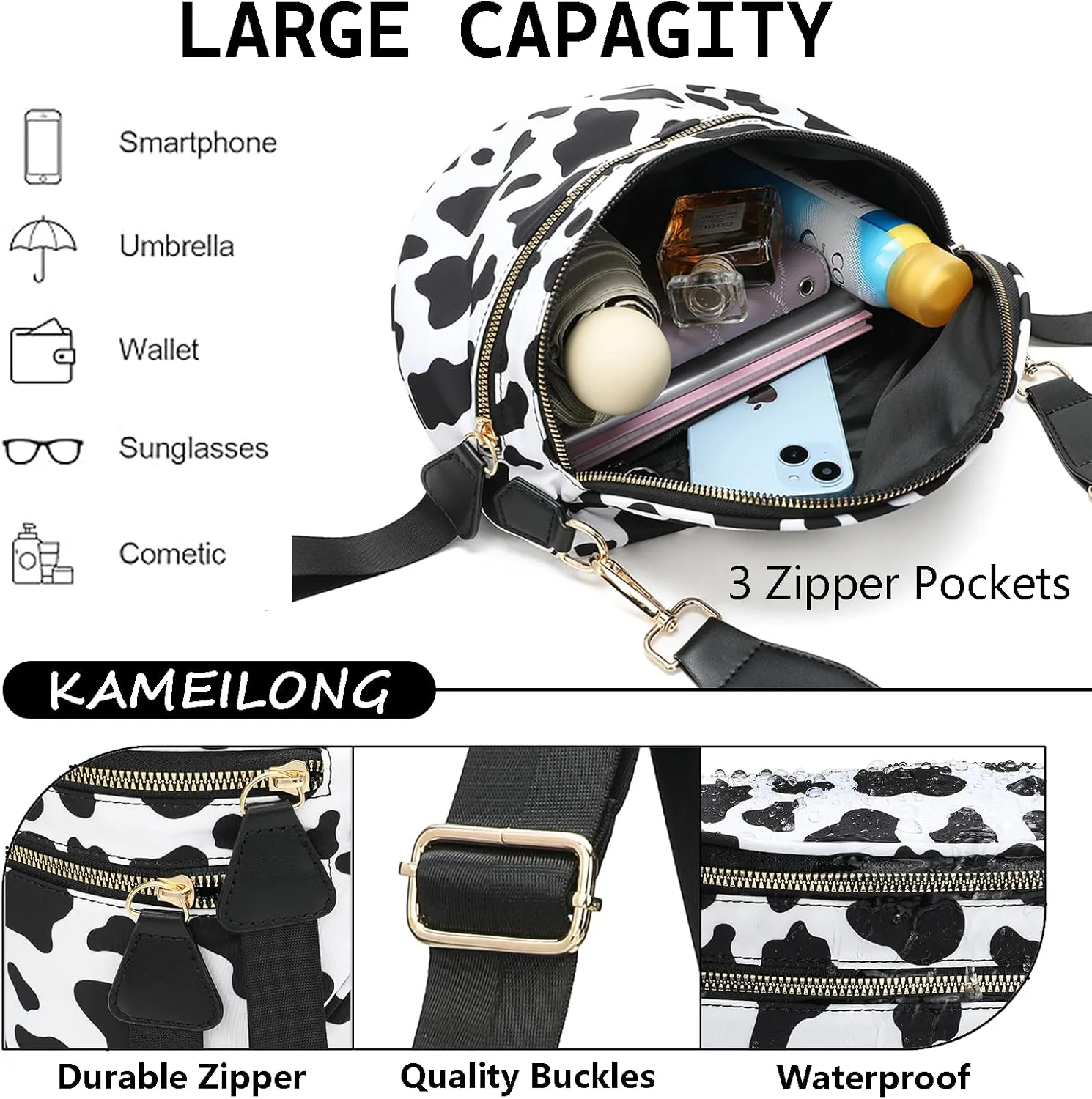 Checkered Nylon Crossbody Bags for Women Plaid Crescent Waist Bag Crescent Fanny Pack Shoulder Bag Handbags (Black-Khaki)