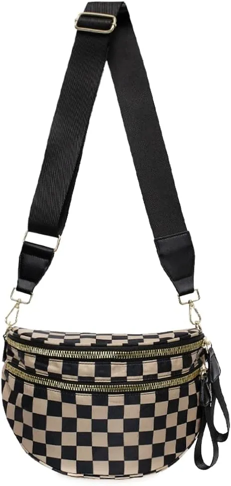 Checkered Nylon Crossbody Bags for Women Plaid Crescent Waist Bag Crescent Fanny Pack Shoulder Bag Handbags (Black-Khaki)