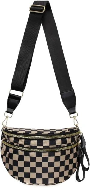 Checkered Nylon Crossbody Bags for Women Plaid Crescent Waist Bag Crescent Fanny Pack Shoulder Bag Handbags (Black-Khaki)