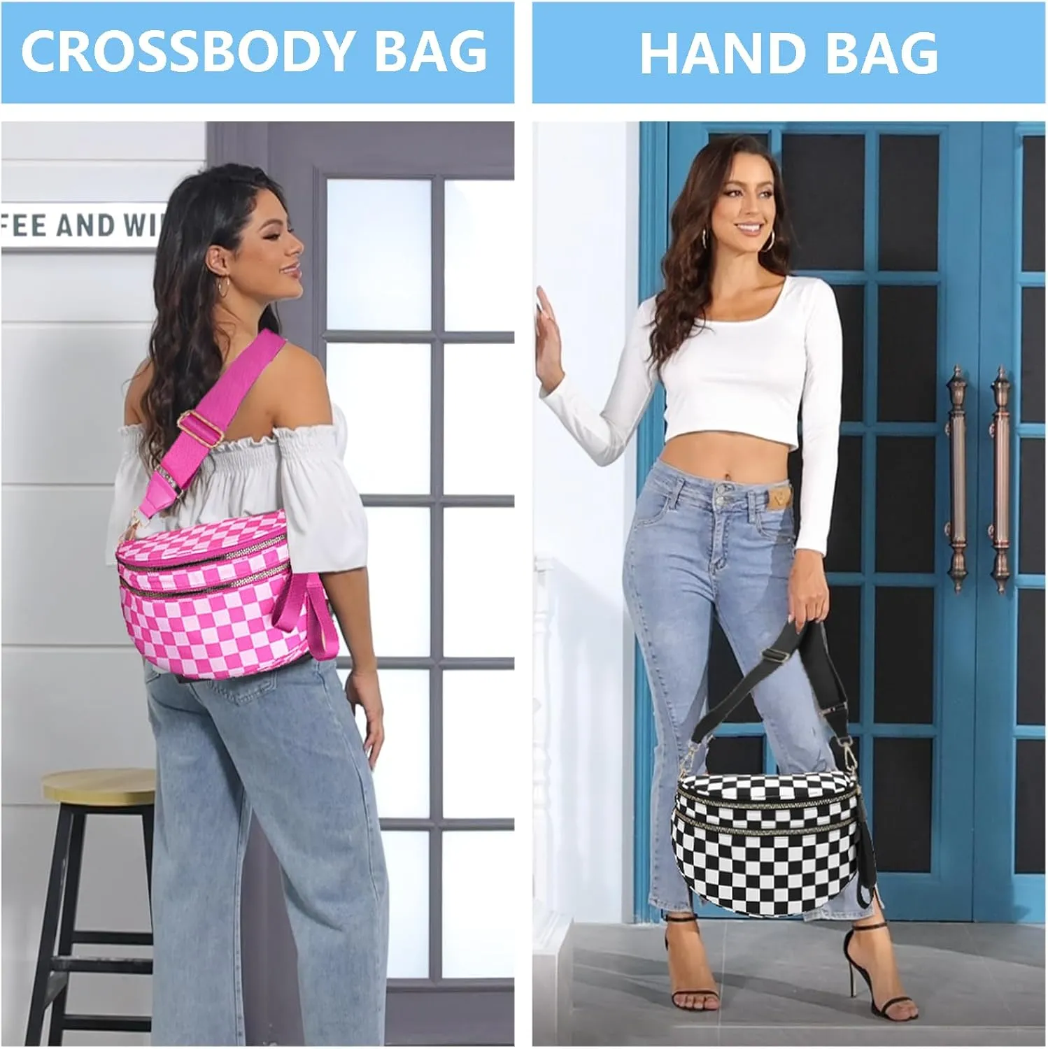 Checkered Nylon Crossbody Bags for Women Plaid Crescent Waist Bag Crescent Fanny Pack Shoulder Bag Handbags (Black-Khaki)