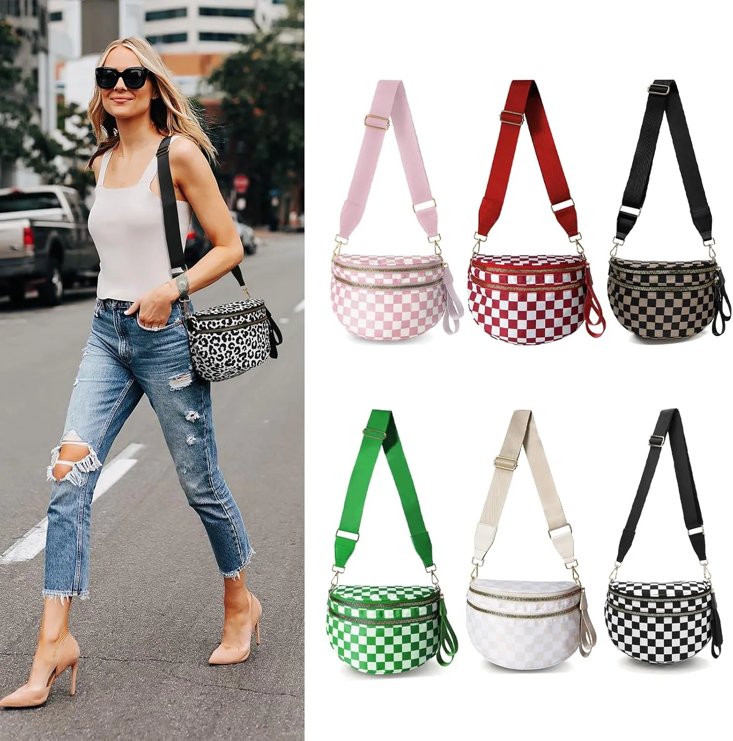 Checkered Nylon Crossbody Bags for Women Plaid Crescent Waist Bag Crescent Fanny Pack Shoulder Bag Handbags (Black-Khaki)
