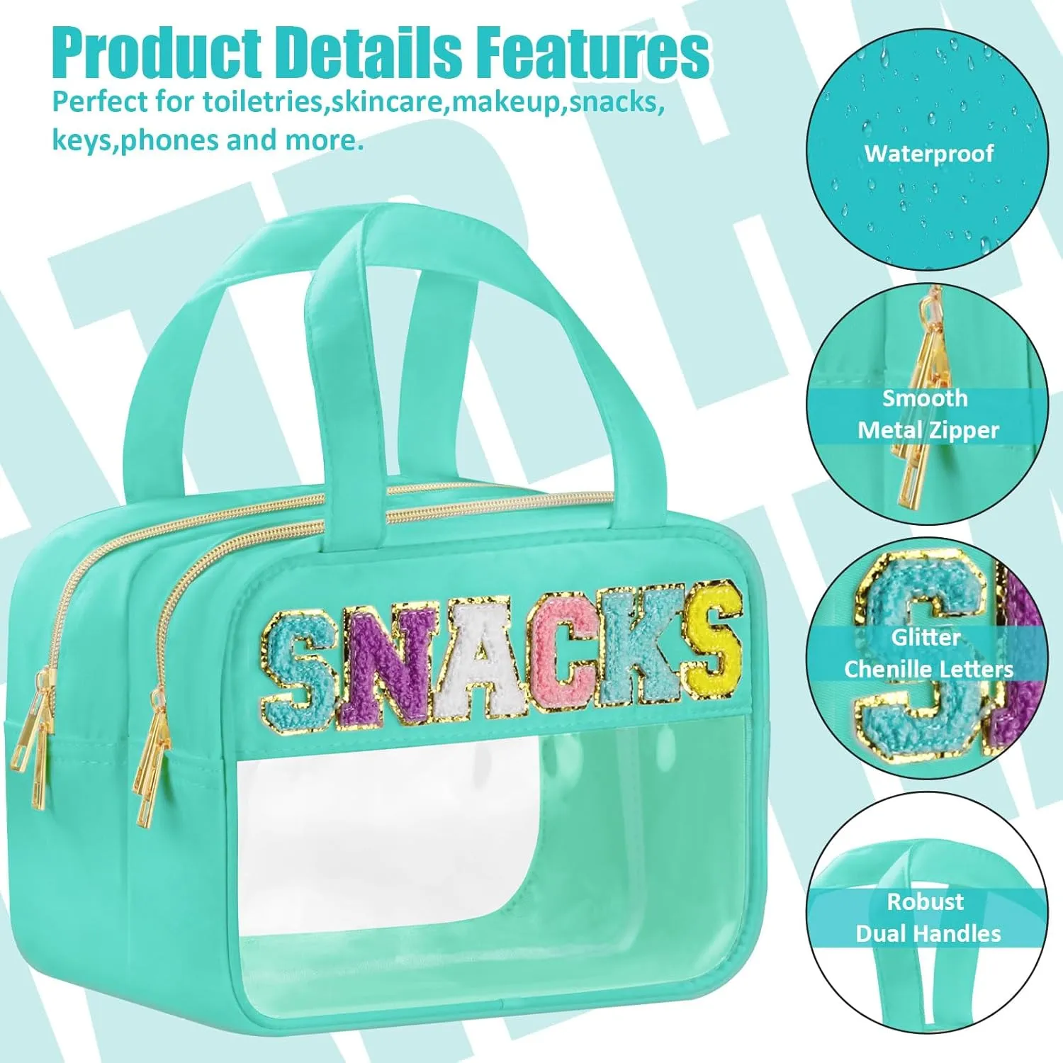 Chenille Letter Clear Makeup Bags, Snacks Bag for Travel, Preppy Patch Nylon Cosmetic Bag with Handles and Zipper, Waterproof Large Clear Travel Toiletry Bag Storage Bag for Women Green