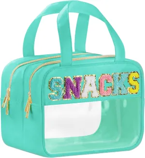 Chenille Letter Clear Makeup Bags, Snacks Bag for Travel, Preppy Patch Nylon Cosmetic Bag with Handles and Zipper, Waterproof Large Clear Travel Toiletry Bag Storage Bag for Women Green