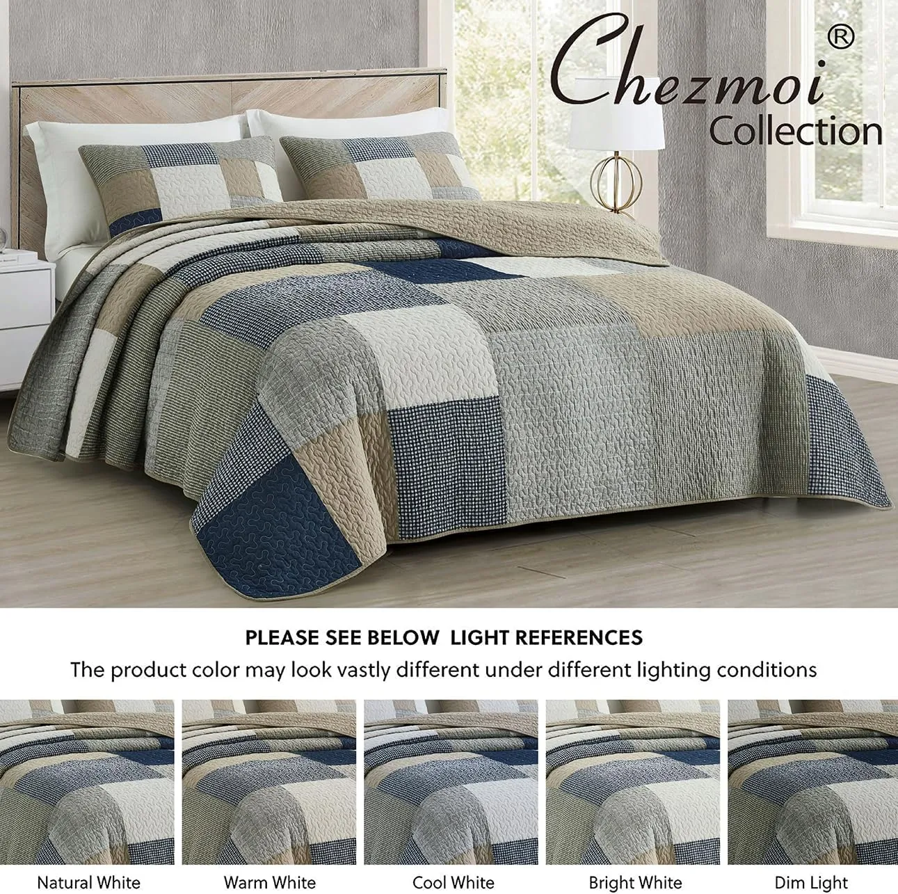Chezmoi Collection Addy 3-Piece Navy Blue White Gray Taupe Plaid Patchwork Quilt Set - Pre-Washed Cotton Coverlet - Lightweight Reversible Bedspread, Queen Size
