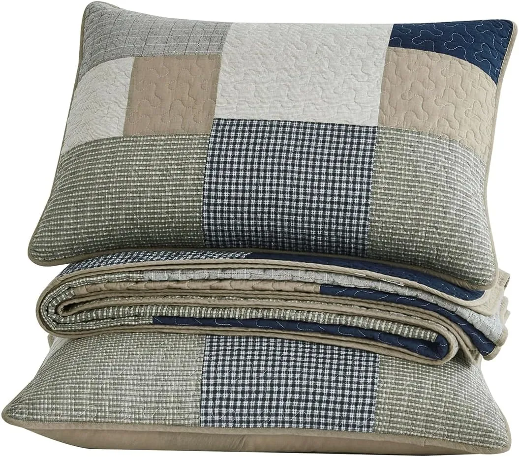 Chezmoi Collection Addy 3-Piece Navy Blue White Gray Taupe Plaid Patchwork Quilt Set - Pre-Washed Cotton Coverlet - Lightweight Reversible Bedspread, Queen Size
