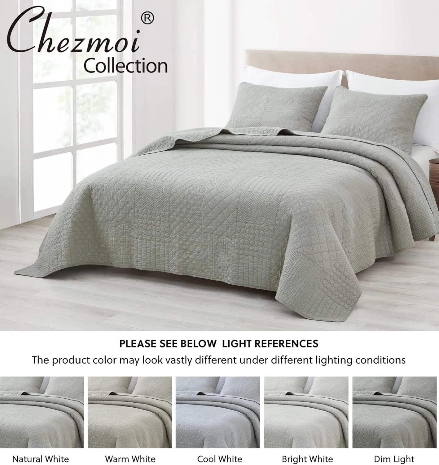 Chezmoi Collection Motley 3-Piece Classic Geometric Patchwork Embroidered Quilt Set - Pre-Washed Cotton Bedspread Coverlet Set, Queen Size, Gray