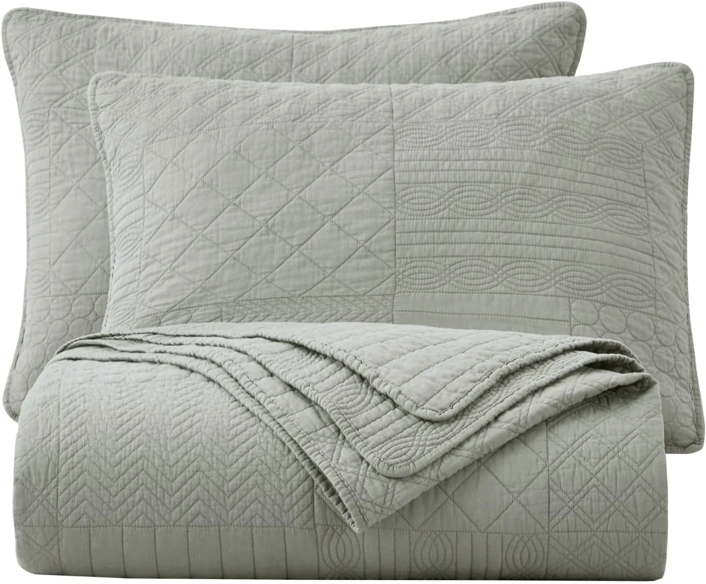 Chezmoi Collection Motley 3-Piece Classic Geometric Patchwork Embroidered Quilt Set - Pre-Washed Cotton Bedspread Coverlet Set, Queen Size, Gray