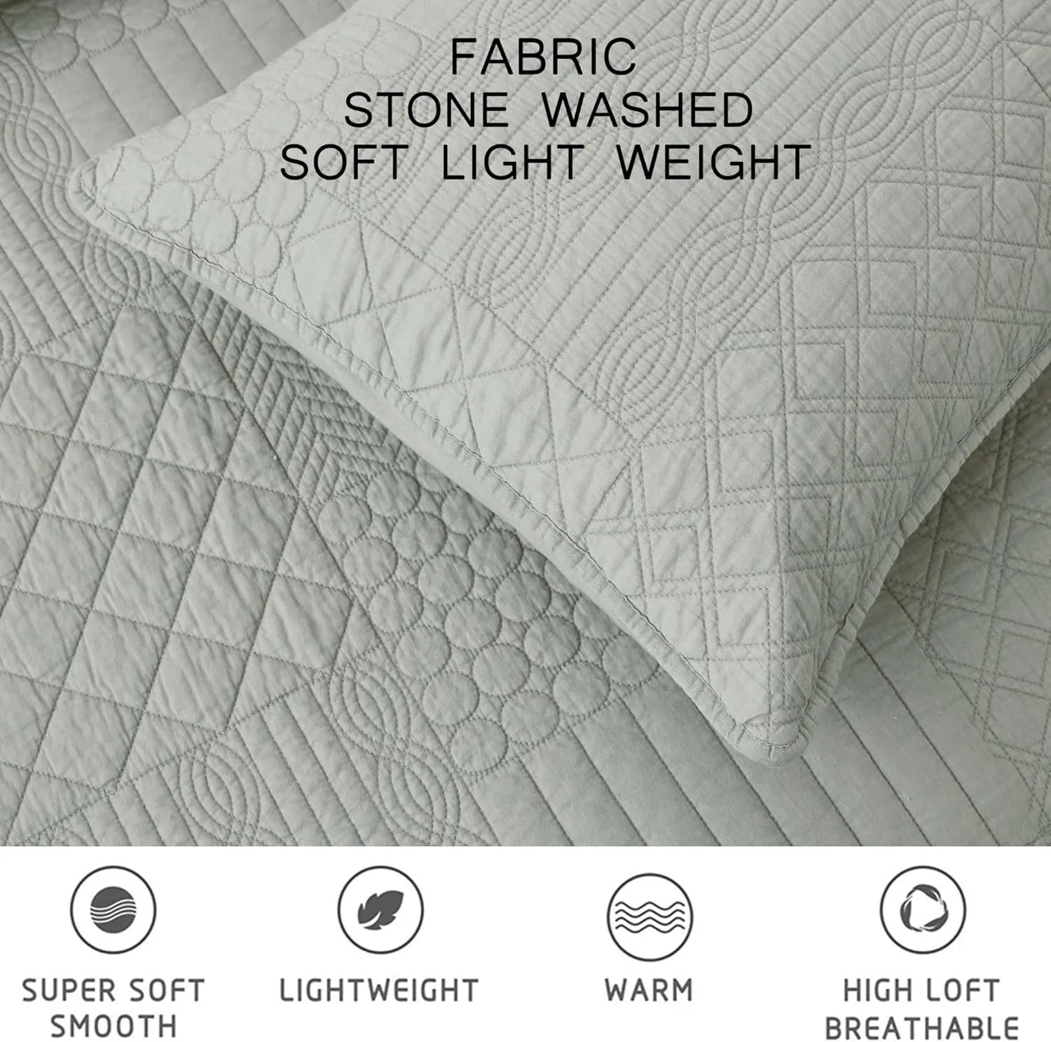 Chezmoi Collection Motley 3-Piece Classic Geometric Patchwork Embroidered Quilt Set - Pre-Washed Cotton Bedspread Coverlet Set, Queen Size, Gray
