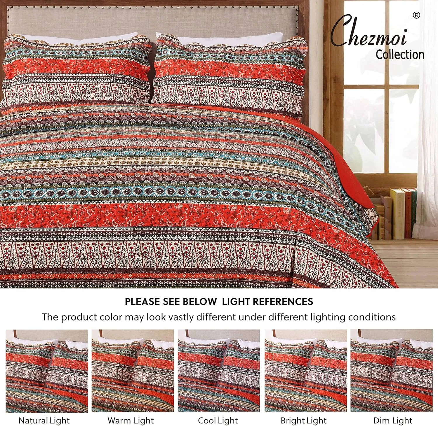 Chezmoi Collection Odette 3-Piece Boho Chic Rust Orange Brown and Red Pre-Washed 100% Cotton Bohemian Bedspread Quilt Set, King Size