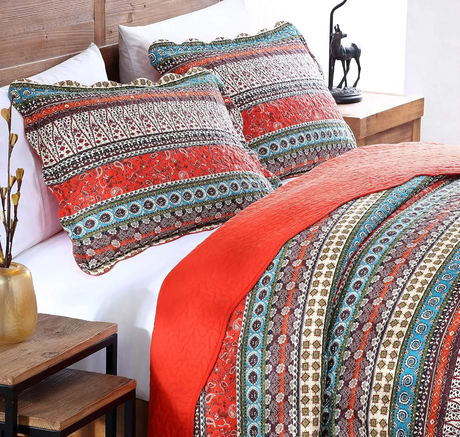 Chezmoi Collection Odette 3-Piece Boho Chic Rust Orange Brown and Red Pre-Washed 100% Cotton Bohemian Bedspread Quilt Set, King Size