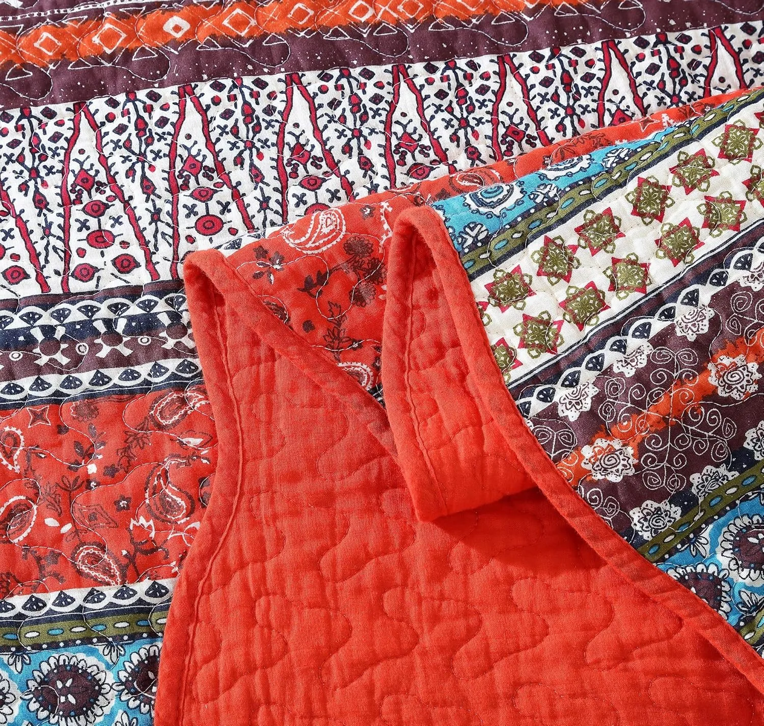 Chezmoi Collection Odette 3-Piece Boho Chic Rust Orange Brown and Red Pre-Washed 100% Cotton Bohemian Bedspread Quilt Set, King Size