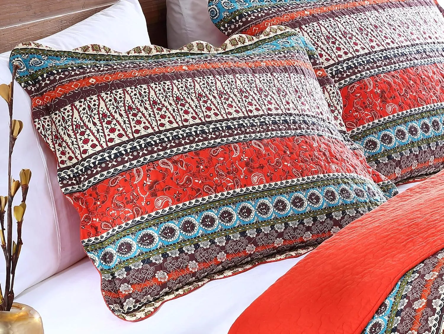 Chezmoi Collection Odette 3-Piece Boho Chic Rust Orange Brown and Red Pre-Washed 100% Cotton Bohemian Bedspread Quilt Set, King Size