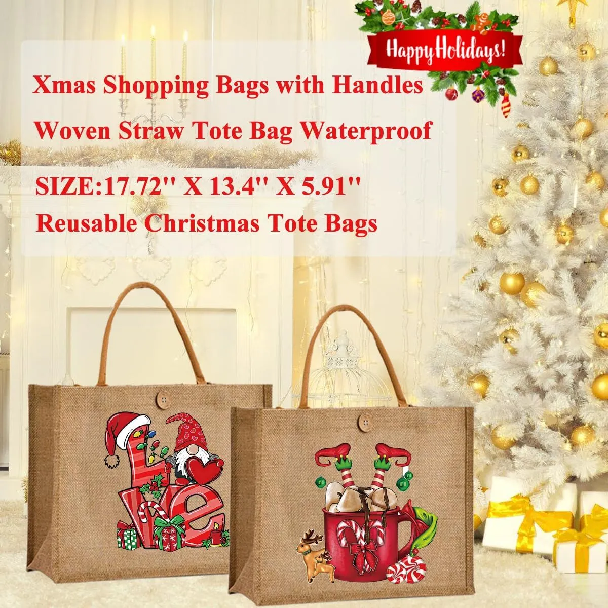 Christmas Gift Bags Reusable Large Weaving Beach Travel Tote Straw Bag for Women