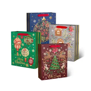 Christmas Red Green Blue and Gray Gift Bags, Pack of 12