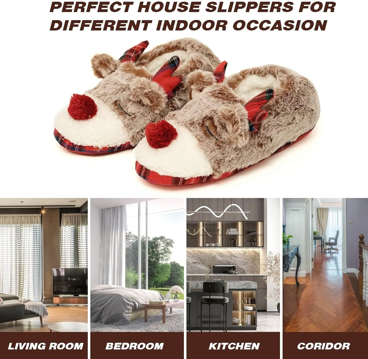 Christmas Slippers For Women Indoor Soft Warm Cotton Bedroom Reindeer Slippers House Memory Foam Slippers Cozy Fluffy Fall Winter Home Slippers