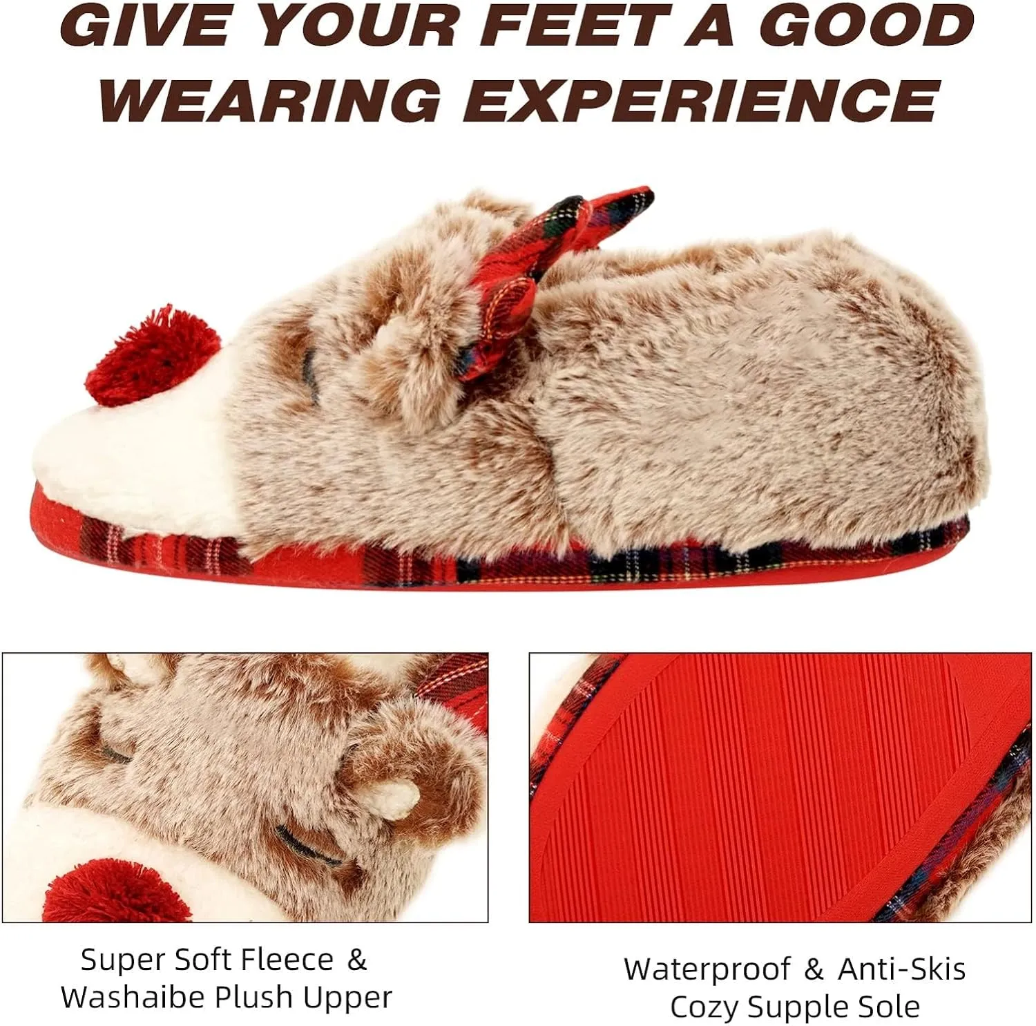 Christmas Slippers For Women Indoor Soft Warm Cotton Bedroom Reindeer Slippers House Memory Foam Slippers Cozy Fluffy Fall Winter Home Slippers