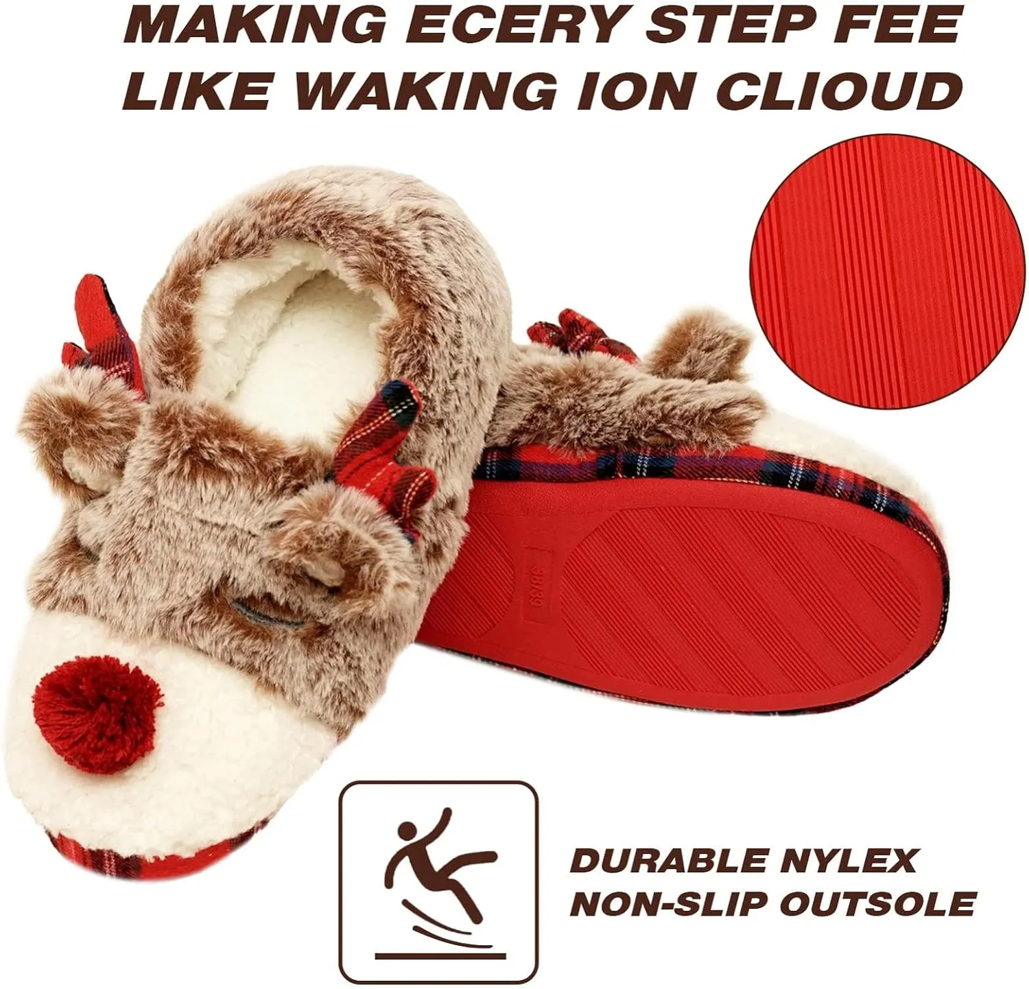 Christmas Slippers For Women Indoor Soft Warm Cotton Bedroom Reindeer Slippers House Memory Foam Slippers Cozy Fluffy Fall Winter Home Slippers
