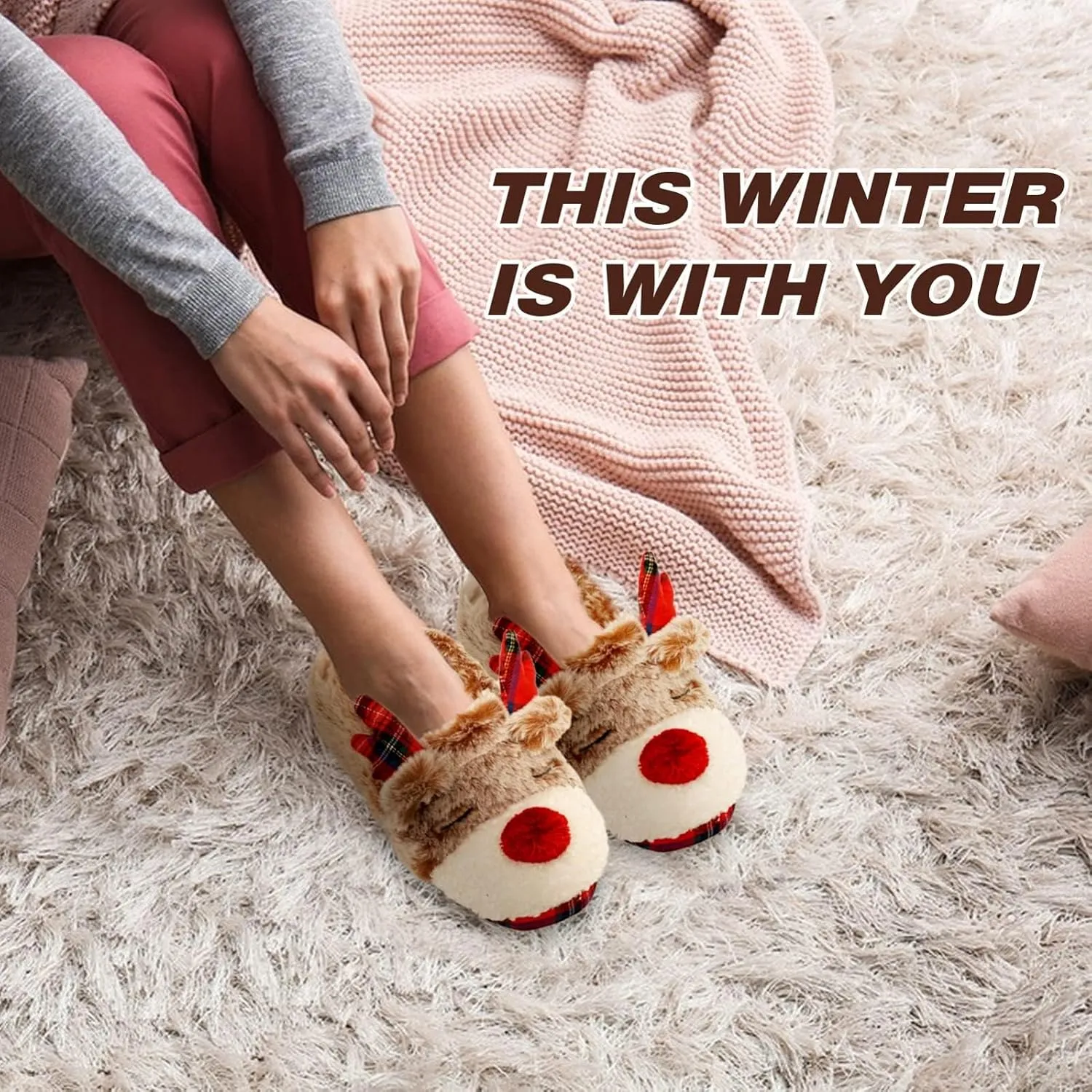 Christmas Slippers For Women Indoor Soft Warm Cotton Bedroom Reindeer Slippers House Memory Foam Slippers Cozy Fluffy Fall Winter Home Slippers