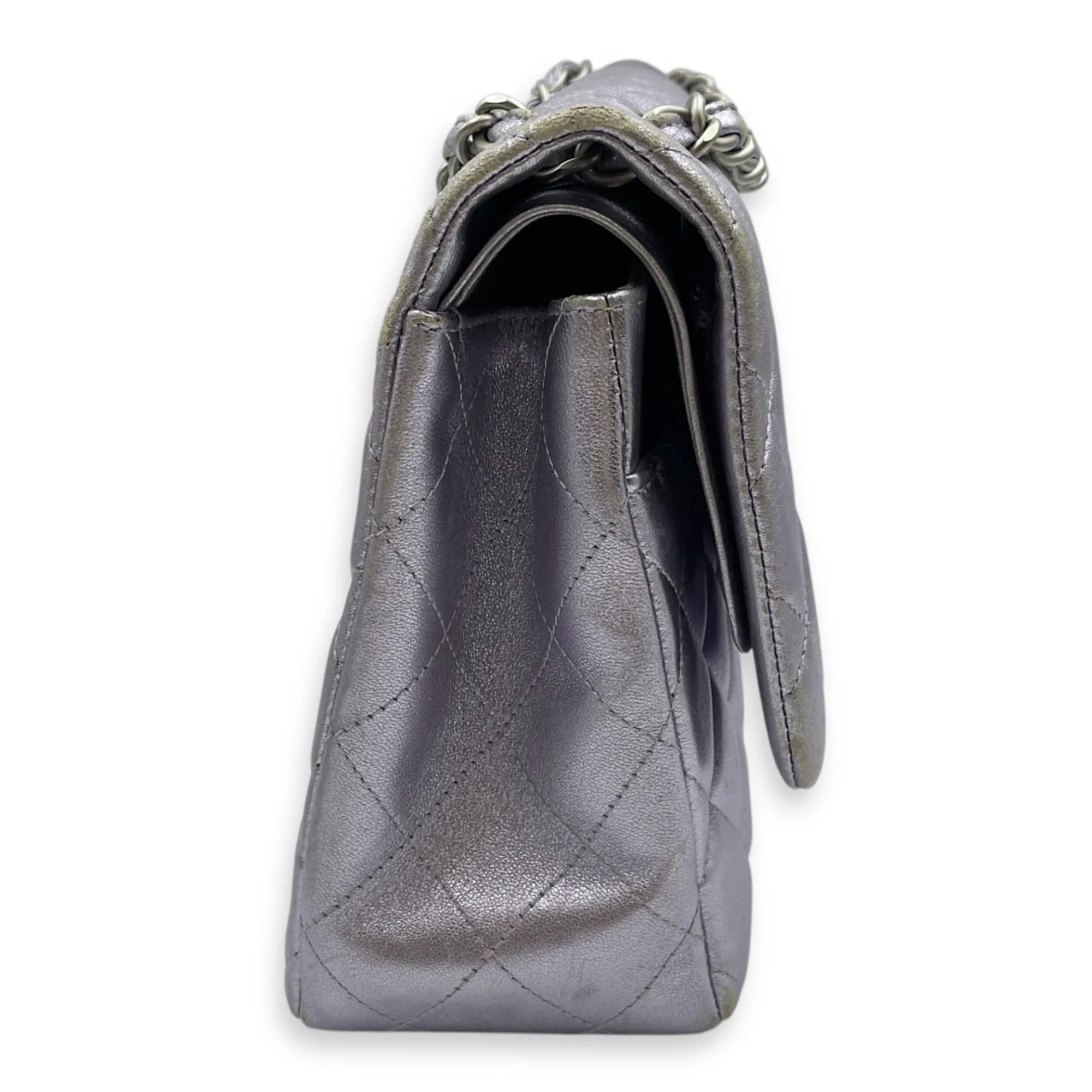 Classic (DF) Jumbo Purple Shoulder Bag in Metallic Lambskin, Silver hardware
