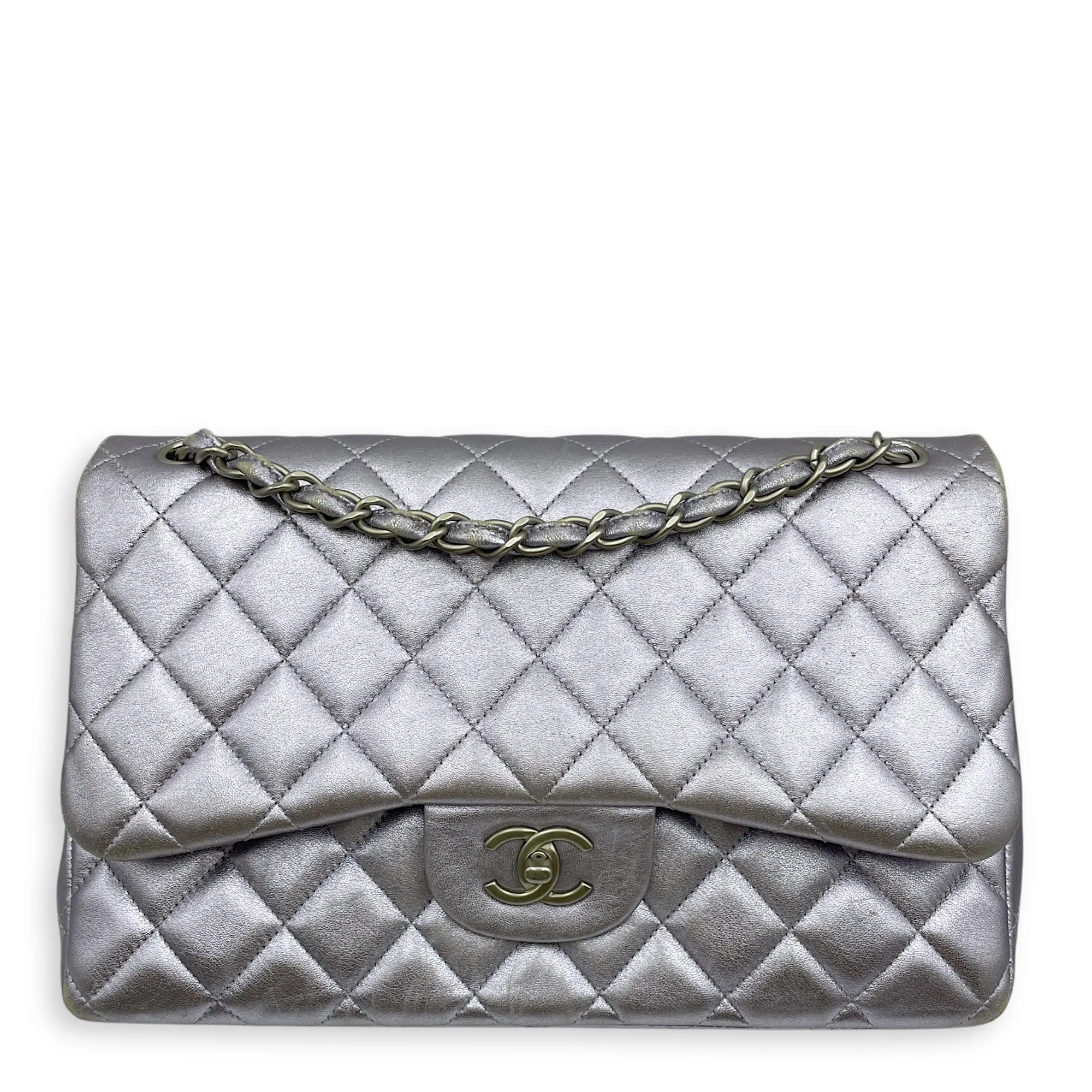 Classic (DF) Jumbo Purple Shoulder Bag in Metallic Lambskin, Silver hardware