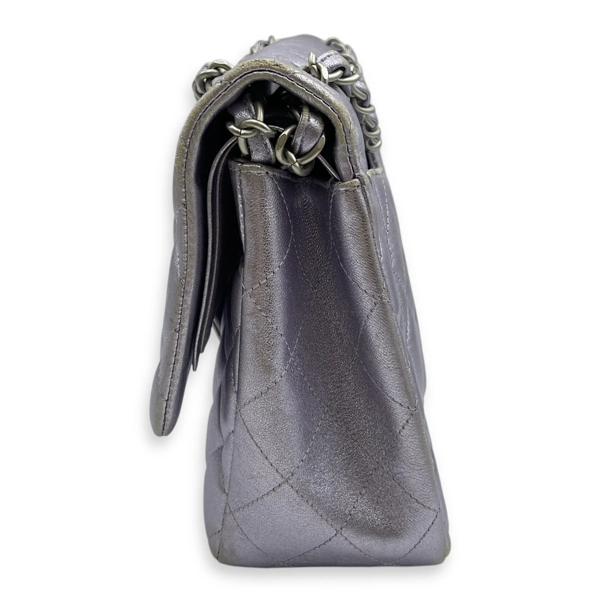 Classic (DF) Jumbo Purple Shoulder Bag in Metallic Lambskin, Silver hardware