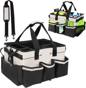 Cleaning Caddy Bag, Cleaning Supply Caddy, Cleaning Bags for Housekeepers, Under Sink & Car Cleaning Tool Organizers Bag with Handles and Shoulder Strap for Home, Craft, Car, Garden (White)