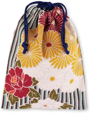 Cloth Pouches with Drawstring 9.8 x 7.5 inches (25 x 19 cm) Japanese Pattern (Retro Flower/Blue) Cloth Gift Bag Fabric Pouch Made in Japan