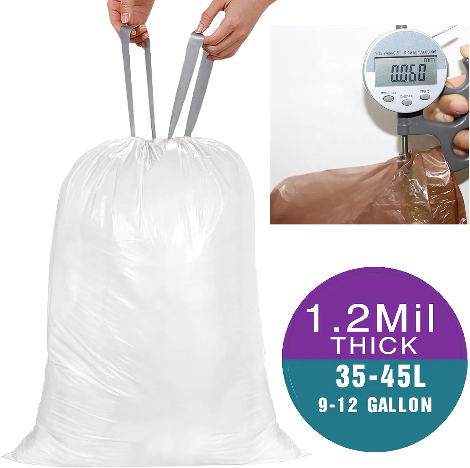 Code K Drawstring Trash Bags Compatible with simplehuman Code K | 9-12 Gallon 35-45 Liter | 100 Count | 1.2 Mil | Heavy Duty White Custom Fit Garbage Liners (Pack of 1)