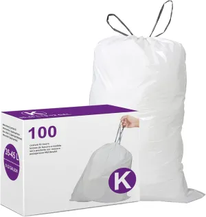 Code K Drawstring Trash Bags Compatible with simplehuman Code K | 9-12 Gallon 35-45 Liter | 100 Count | 1.2 Mil | Heavy Duty White Custom Fit Garbage Liners (Pack of 1)