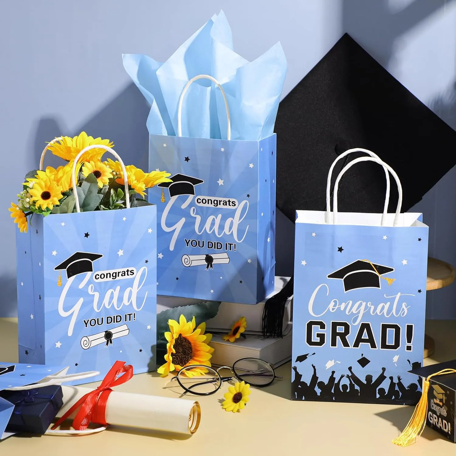 Colarr 24 Pcs Graduation Gift Bags with Tissue Paper 2025 Graduation Party Gift Bags with Handles for High School, College, Kindergarten, 8th Grade and More(Sky Blue)