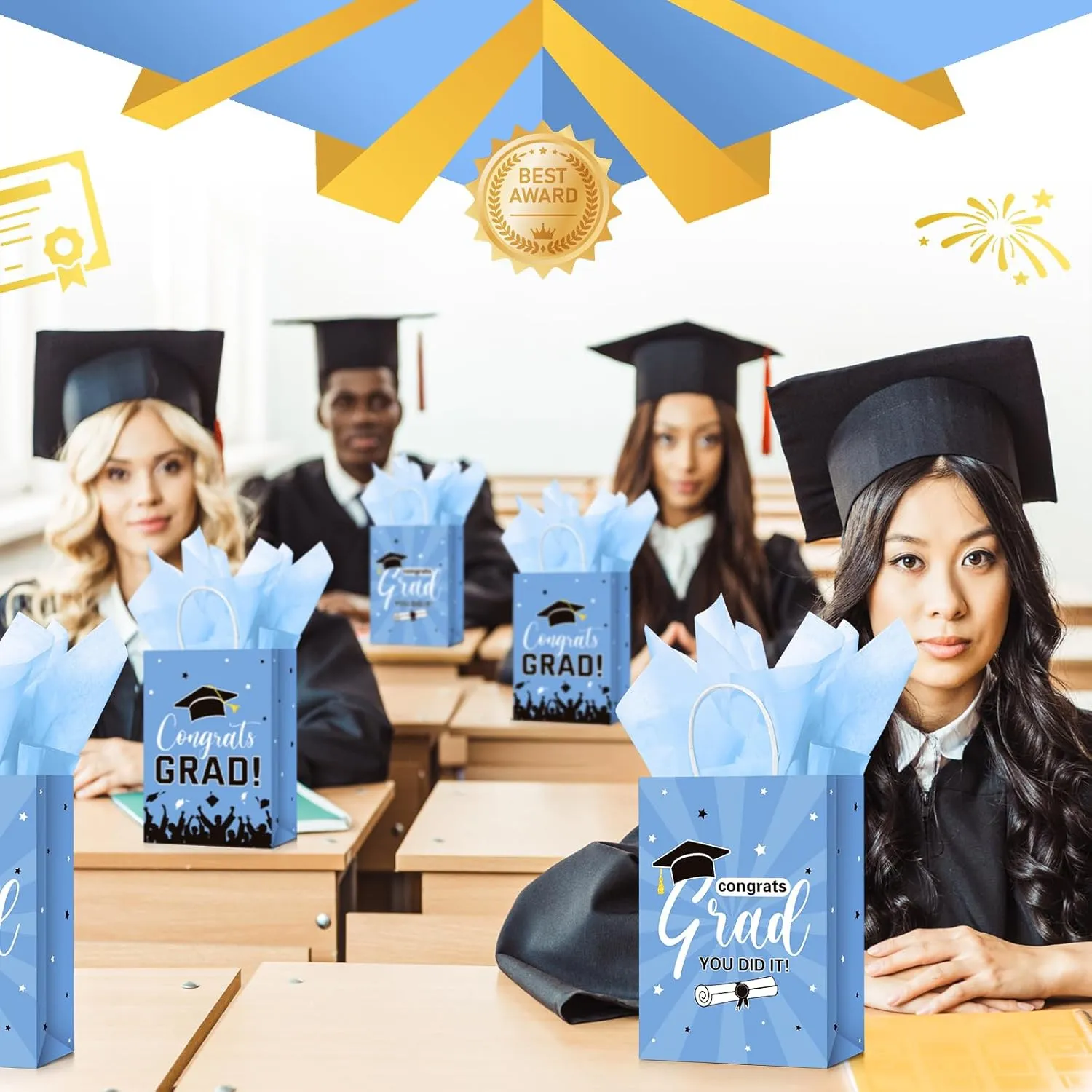 Colarr 24 Pcs Graduation Gift Bags with Tissue Paper 2025 Graduation Party Gift Bags with Handles for High School, College, Kindergarten, 8th Grade and More(Sky Blue)