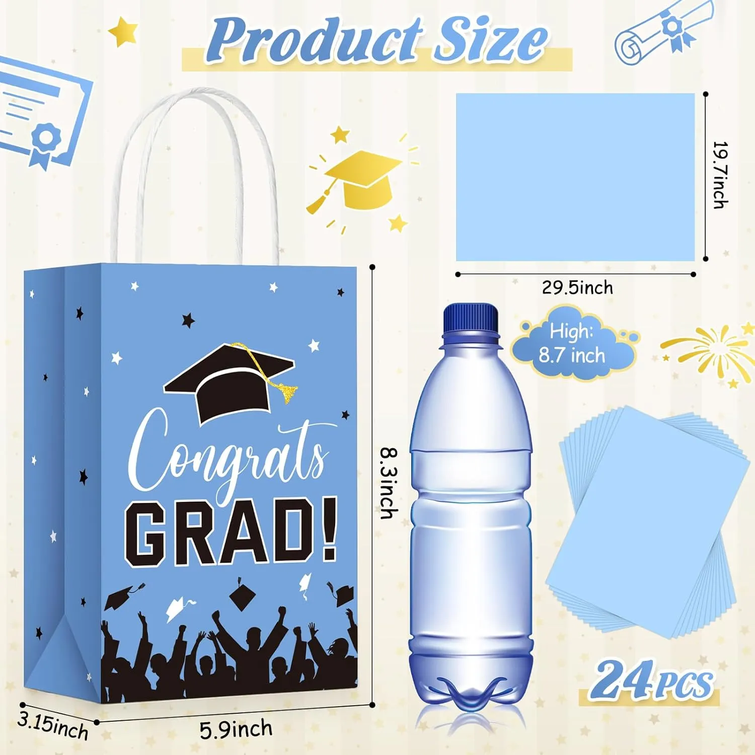 Colarr 24 Pcs Graduation Gift Bags with Tissue Paper 2025 Graduation Party Gift Bags with Handles for High School, College, Kindergarten, 8th Grade and More(Sky Blue)