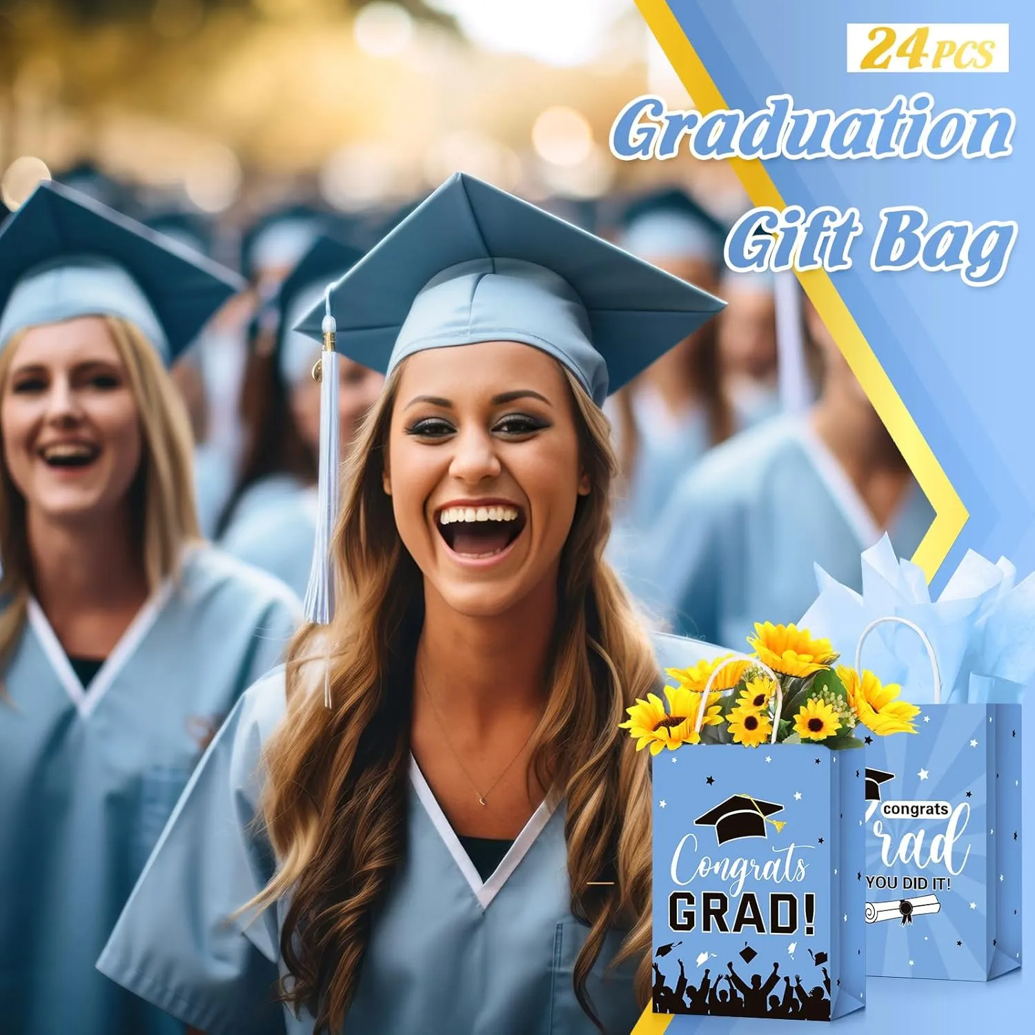 Colarr 24 Pcs Graduation Gift Bags with Tissue Paper 2025 Graduation Party Gift Bags with Handles for High School, College, Kindergarten, 8th Grade and More(Sky Blue)