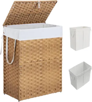 Collapsible Laundry Basket with Lid 90L Hamper for Bedroom PP Rattan Woven Laundry Basket Waterproof with Removable Bag&Handles, Foldable for Household Item, Dirty Cloth, Goose Yellow