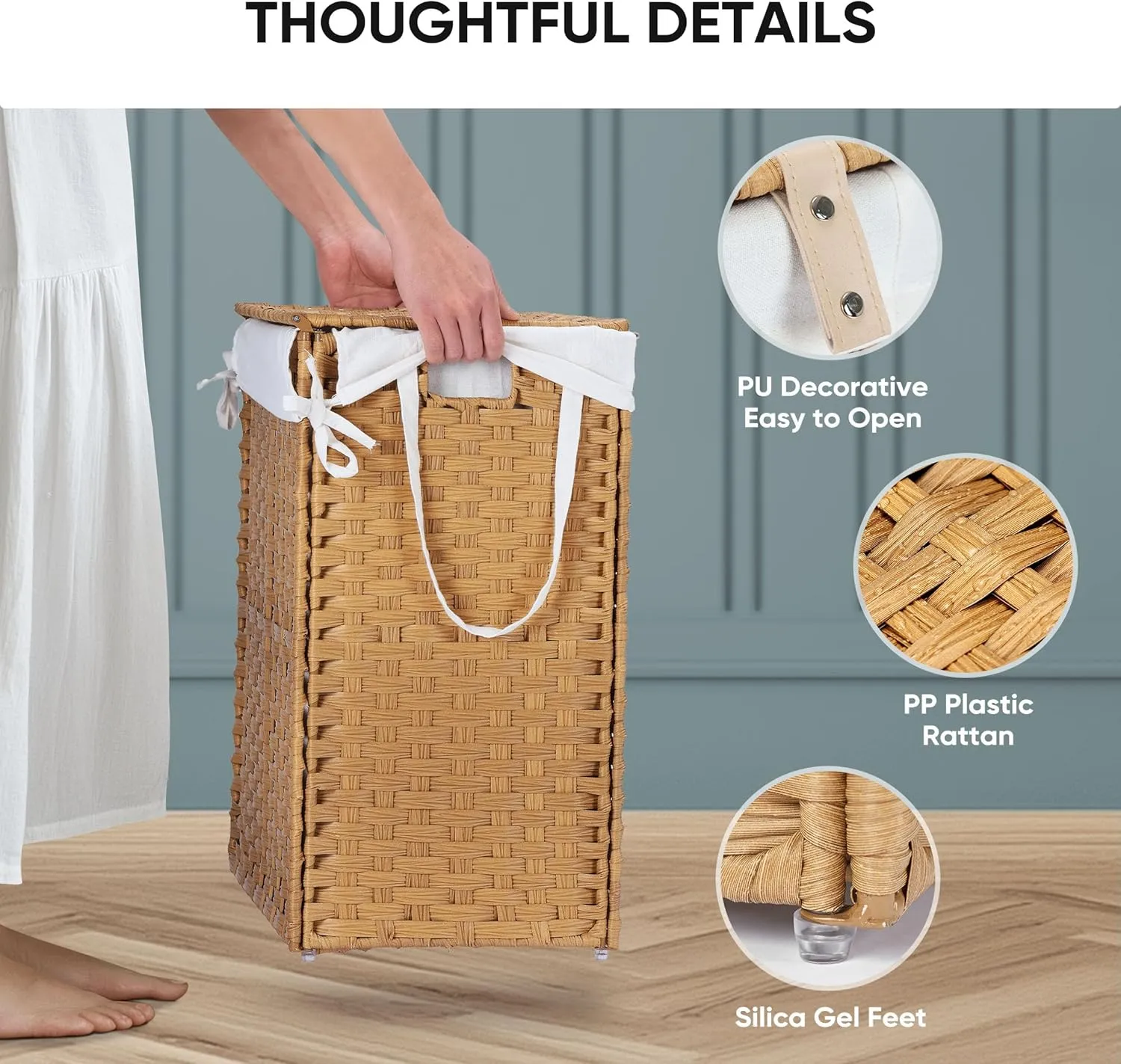 Collapsible Laundry Basket with Lid 90L Hamper for Bedroom PP Rattan Woven Laundry Basket Waterproof with Removable Bag&Handles, Foldable for Household Item, Dirty Cloth, Goose Yellow