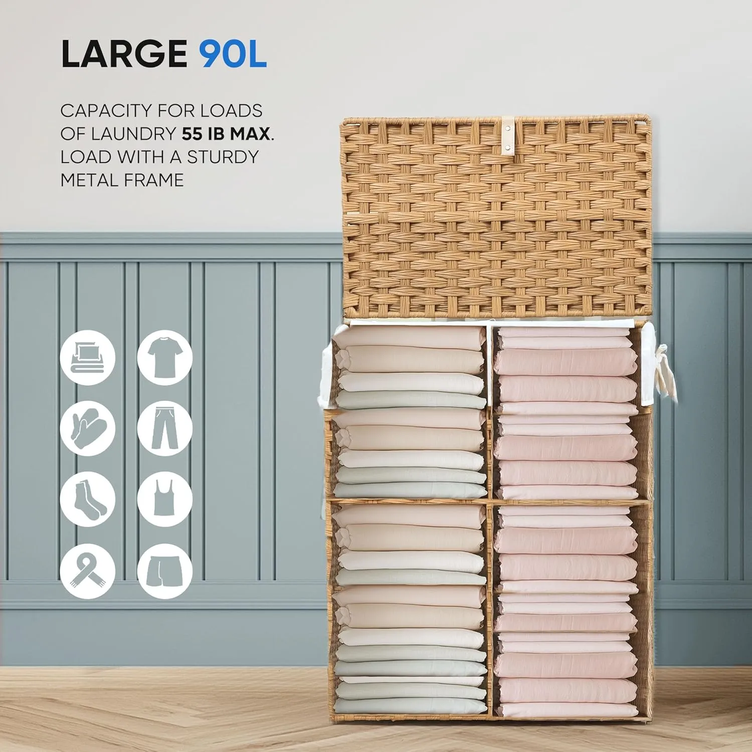 Collapsible Laundry Basket with Lid 90L Hamper for Bedroom PP Rattan Woven Laundry Basket Waterproof with Removable Bag&Handles, Foldable for Household Item, Dirty Cloth, Goose Yellow