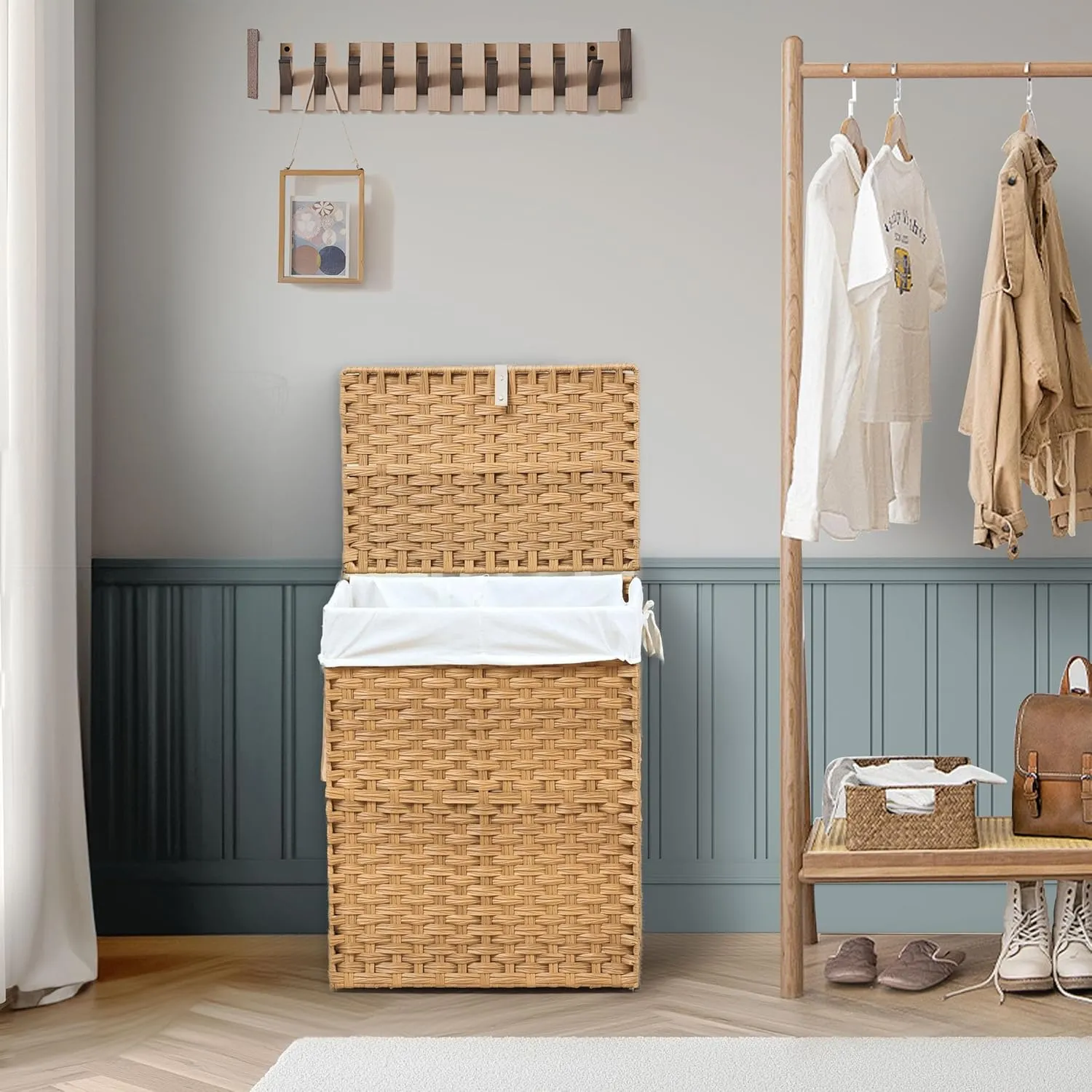 Collapsible Laundry Basket with Lid 90L Hamper for Bedroom PP Rattan Woven Laundry Basket Waterproof with Removable Bag&Handles, Foldable for Household Item, Dirty Cloth, Goose Yellow