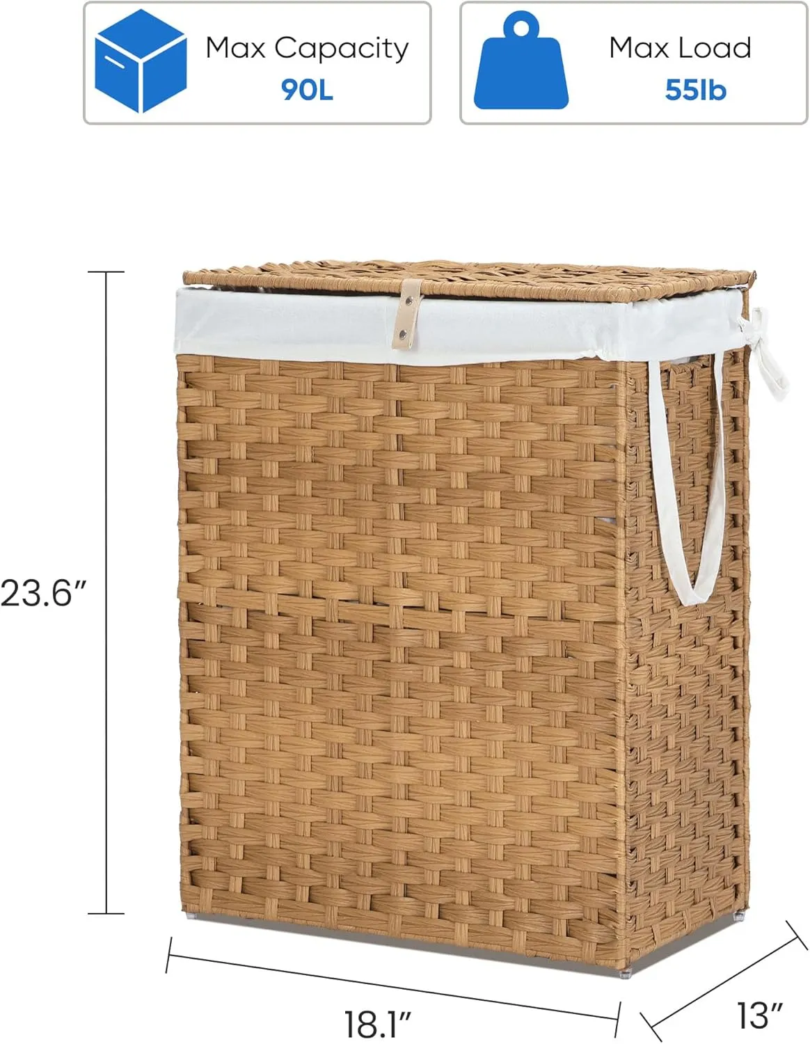 Collapsible Laundry Basket with Lid 90L Hamper for Bedroom PP Rattan Woven Laundry Basket Waterproof with Removable Bag&Handles, Foldable for Household Item, Dirty Cloth, Goose Yellow