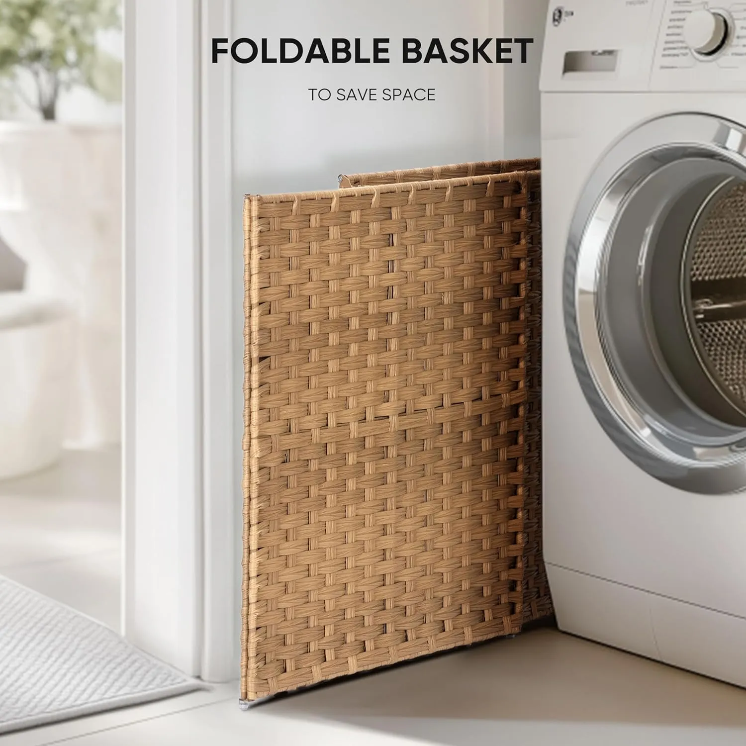 Collapsible Laundry Basket with Lid 90L Hamper for Bedroom PP Rattan Woven Laundry Basket Waterproof with Removable Bag&Handles, Foldable for Household Item, Dirty Cloth, Goose Yellow