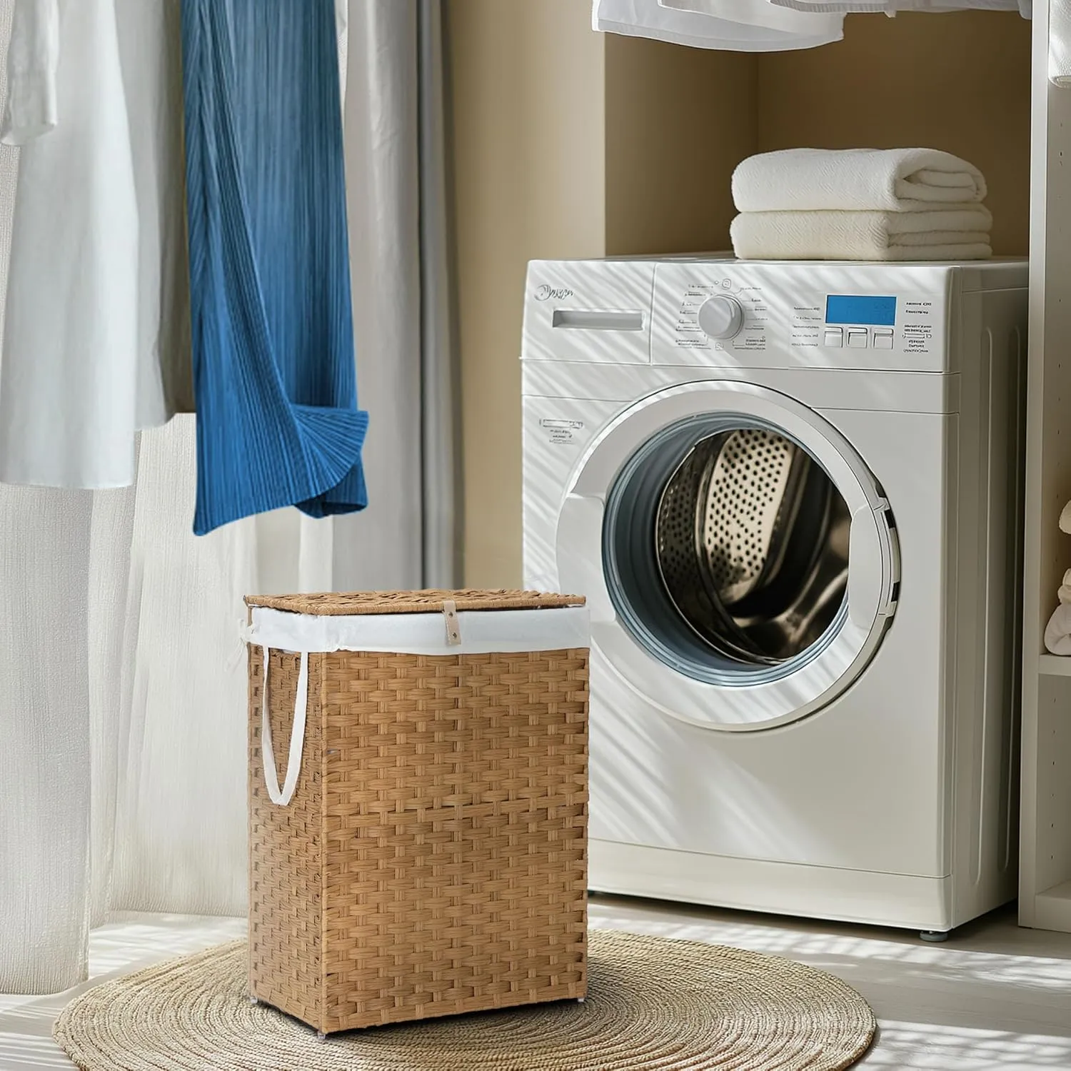 Collapsible Laundry Basket with Lid 90L Hamper for Bedroom PP Rattan Woven Laundry Basket Waterproof with Removable Bag&Handles, Foldable for Household Item, Dirty Cloth, Goose Yellow