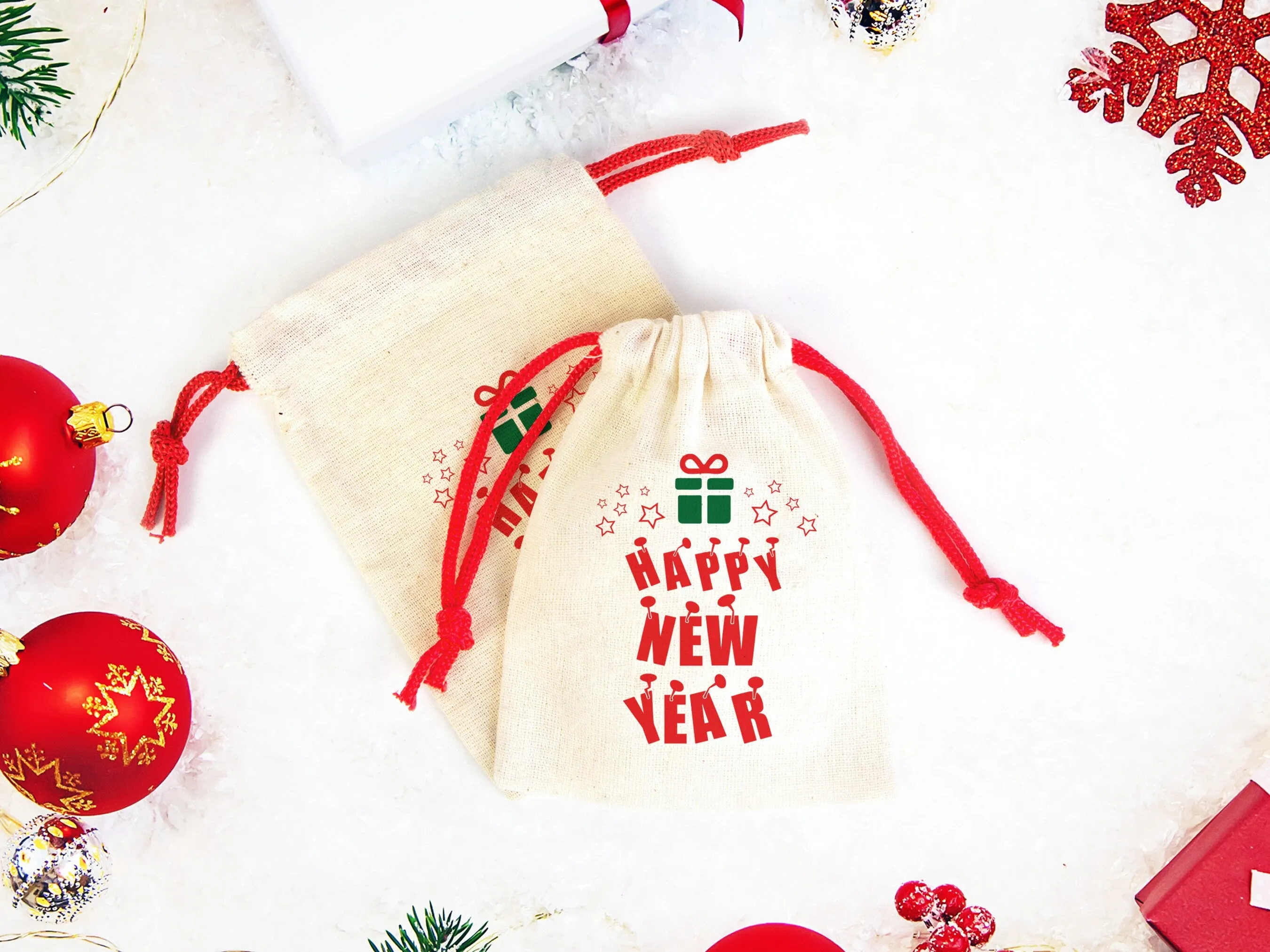 Colorful Happy New Year Bags - Personalized Cotton Pouch Gifts | Custom Drawstring Rope - Wholesale Bags