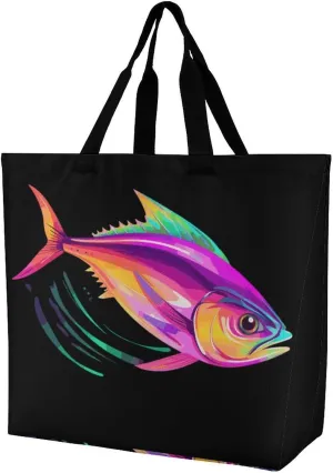 Colorful Tuna Fish Shoulder Bag Large Capacity Shopping Bag Washable Grocery Bag Handbag for Women Men