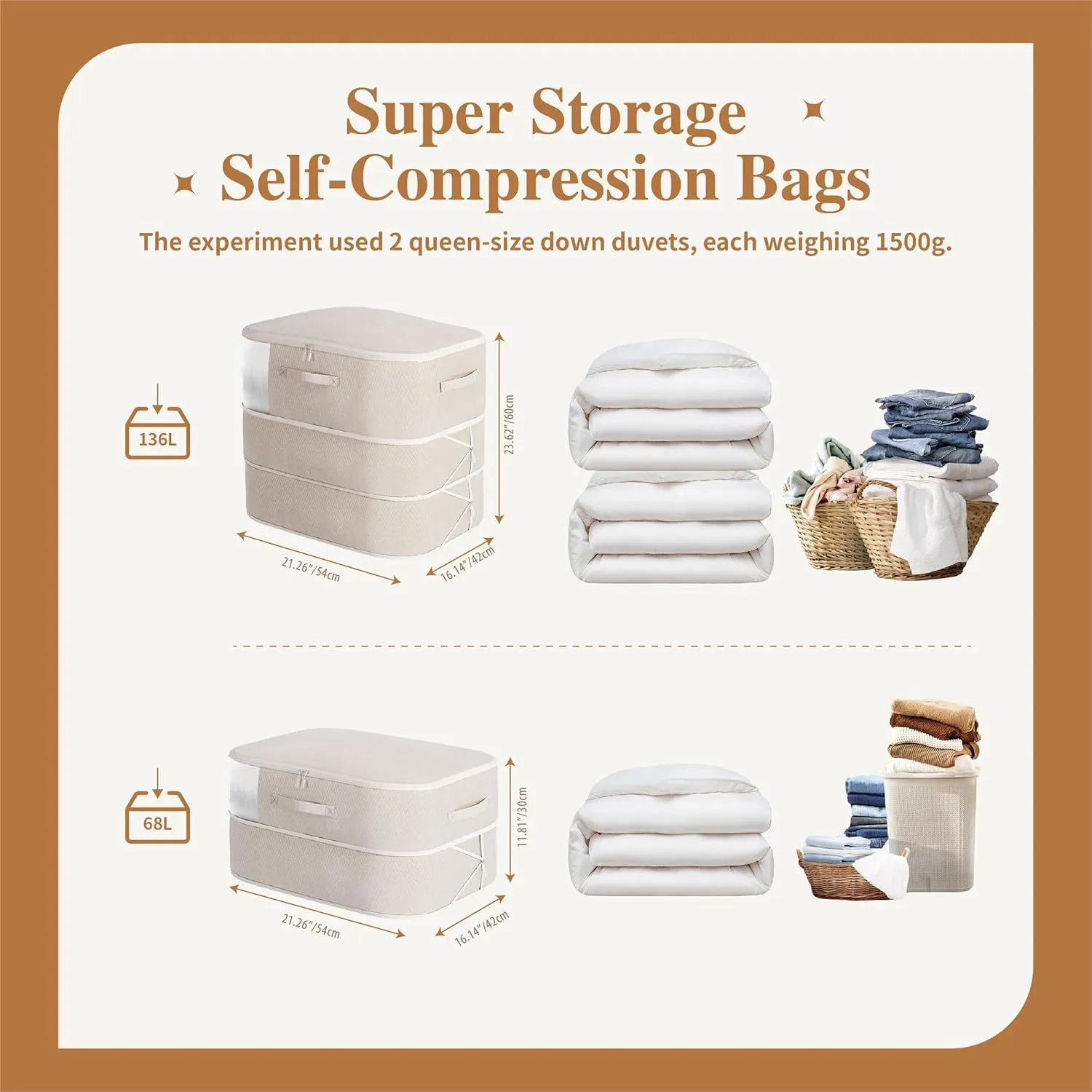 Compression Storage Bags for Bedding 68L*2PCS Ultra Space Saving Self Compression Organizer with Transparent Window Used for Storing Comfortable Blankets,Bedding,Pillows,Clothes (Oatmeal 21x16x11 in)