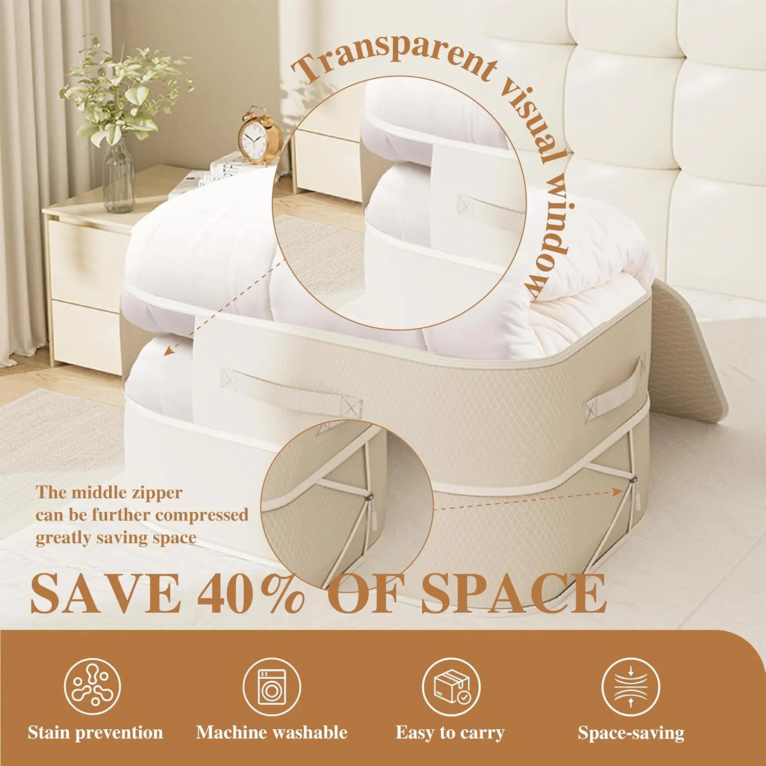 Compression Storage Bags for Bedding 68L*2PCS Ultra Space Saving Self Compression Organizer with Transparent Window Used for Storing Comfortable Blankets,Bedding,Pillows,Clothes (Oatmeal 21x16x11 in)