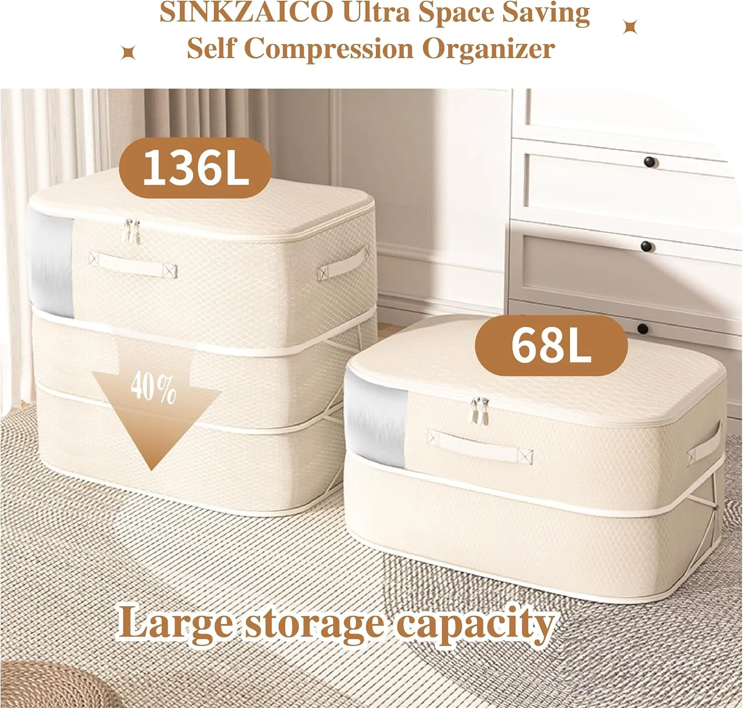 Compression Storage Bags for Bedding 68L*2PCS Ultra Space Saving Self Compression Organizer with Transparent Window Used for Storing Comfortable Blankets,Bedding,Pillows,Clothes (Oatmeal 21x16x11 in)