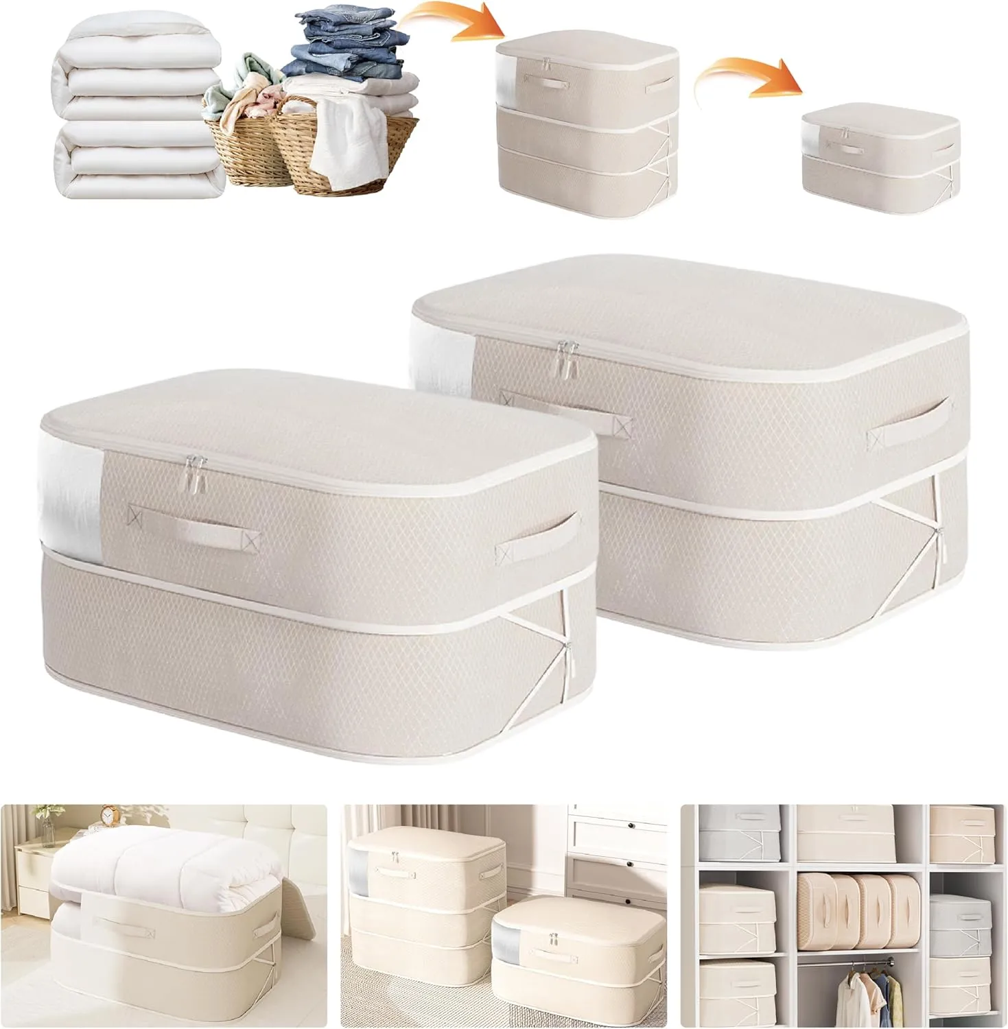 Compression Storage Bags for Bedding 68L*2PCS Ultra Space Saving Self Compression Organizer with Transparent Window Used for Storing Comfortable Blankets,Bedding,Pillows,Clothes (Oatmeal 21x16x11 in)