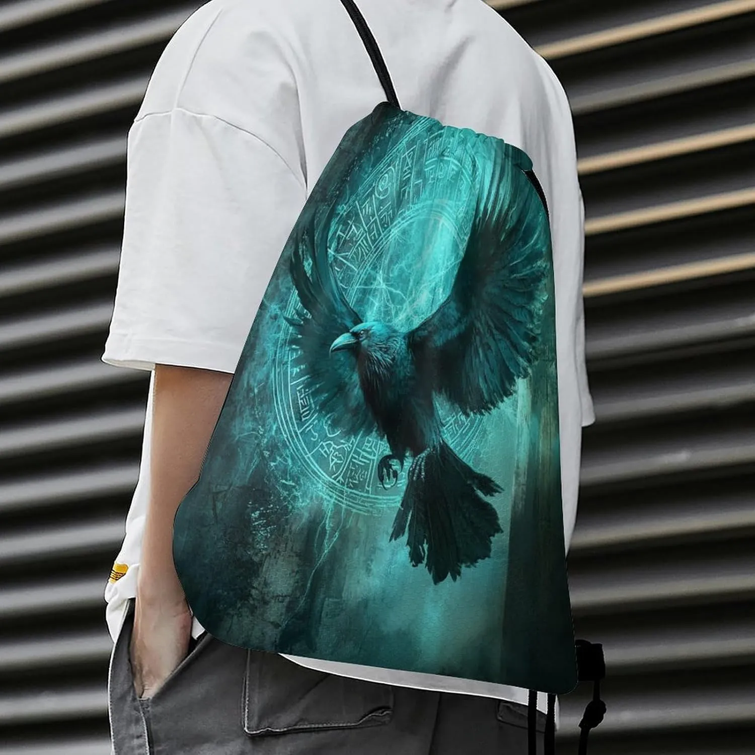 Cool Norse Viking Crow Drawstring Bags,Drawstring Backpack For Gym Travel Swimming Hiking Camping