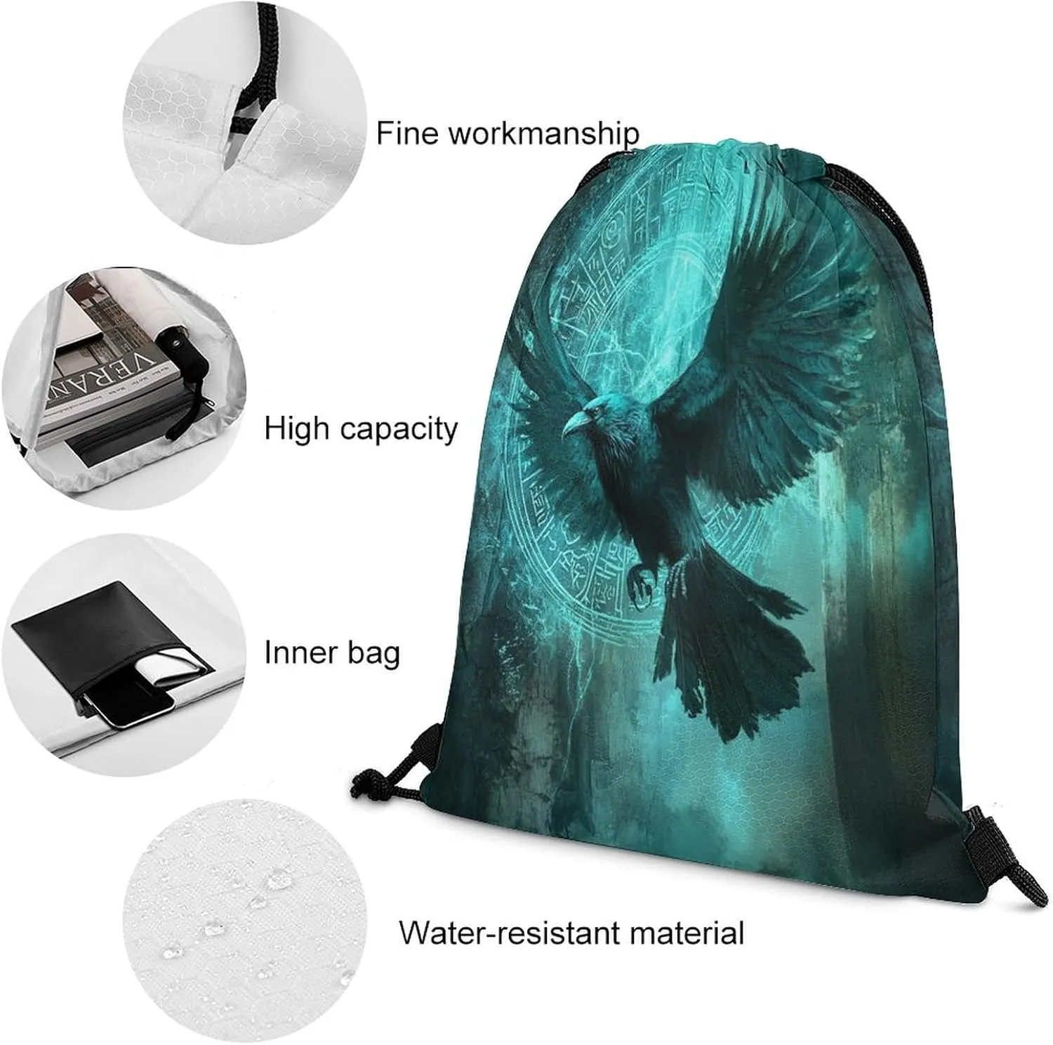Cool Norse Viking Crow Drawstring Bags,Drawstring Backpack For Gym Travel Swimming Hiking Camping